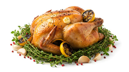 Delicious roasted chicken with herbs and lemon on a white background
