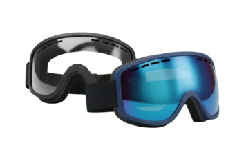 two frameless ski goggles (clear and mirrored lenses) isolated on a transparent background with ample copy space, showcasing product detail and lens technology. concept for winter sports performance