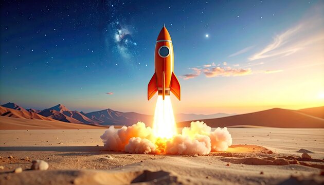 Orange retro rocket launch in desert landscape at sunset with stars in the sky and smoke clouds
