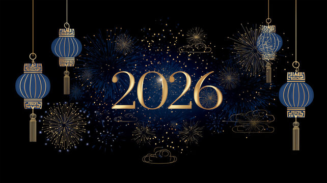 藍色の夜空調に金色の2026を置き、上品な花火と提灯で夜祭の雰囲気にする