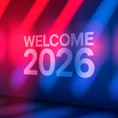 Welcome 2026 Typography with Colorful Light Beams and Festive Glow