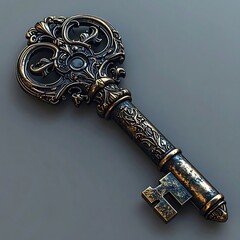Ornate, metallic key with intricate patterns. Antique-looking with darkened brass and golden accents on a gray background