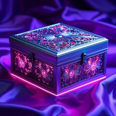 Ornate metallic box with floral filigree, glowing pink on purple silk