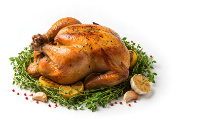 Delicious roasted chicken with herbs and lemon on white background