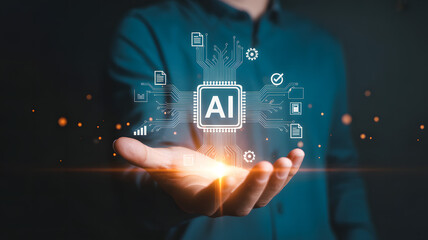 Hand presenting glowing AI microchip with digital icons for documents, gears, graphs, and checkmarks