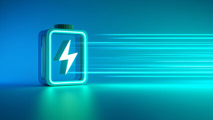 Battery with glowing blue neon light and lightning bolt symbol