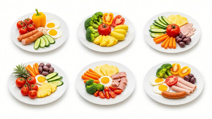 assorted food on plates with vegetables and meat