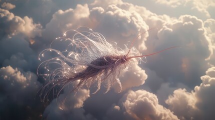 A fantastical creature with glowing tendrils floating amidst fluffy white clouds