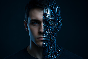 Man with robotic face half mechanical and half human looking forward