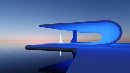 blue futuristic architecture by the ocean at sunset
