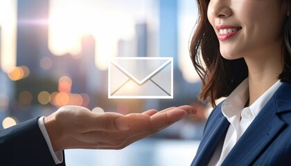 A person holding out an email icon to a smiling woman