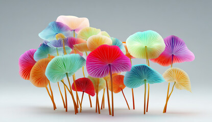 A vibrant cluster of colorful mushroom like forms in a digital rendering