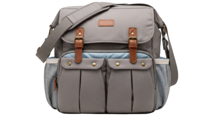 Gray messenger bag with brown leather accents and mesh side pockets grey