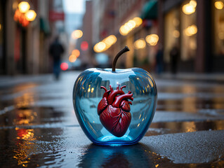blue glass apple with human heart inside on wet city street