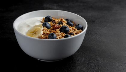 Fototapeta premium フルーツたっぷりのアサイーボウル — ミニマルで高解像度のコピースペース Fruit-Rich Açaí Bowl & Granola — Minimalist High-Resolution Copy Space 