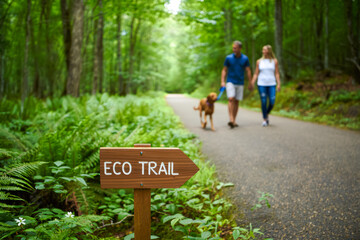 Fototapeta premium Eco trail signpost along forest path with couple walking dog, promoting outdoor recreation and nature exploration in a serene woodland setting