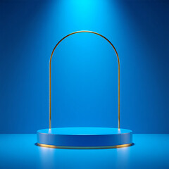blue podium with gold arch for product display