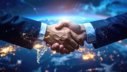 Handshake symbolizing global business partnership, collaboration, and agreement against a blurred world map background