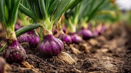 Close-up of vibrant purple onions growing in a field, with green shoots reaching skyward, soil, light