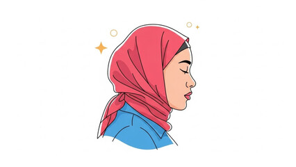Peaceful illustration of a thoughtful woman wearing a vibrant pink hijab and blue attire