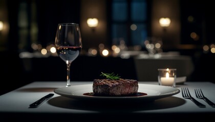 Obraz premium 夜の高級レストランのビーフステーキ（4Kリアリスティック）／Beef Steak in Elegant Night Restaurant Lighting (4K Realistic) 