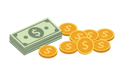 A stack of green dollar bills and scattered gold dollar coins representing finance and wealth