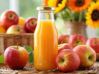 bottle of apple juice with apples on wicker mat
