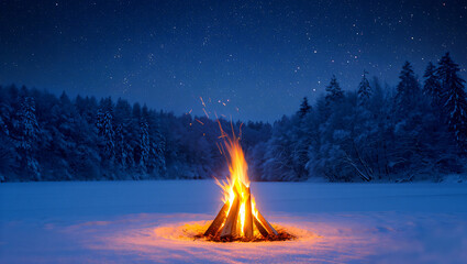 bonfire burning in snowy forest at night under stars