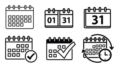 A set of six black and white calendar icons for organizing and planning