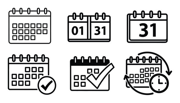 A set of six black and white calendar icons for organizing and planning - Powered by Adobe