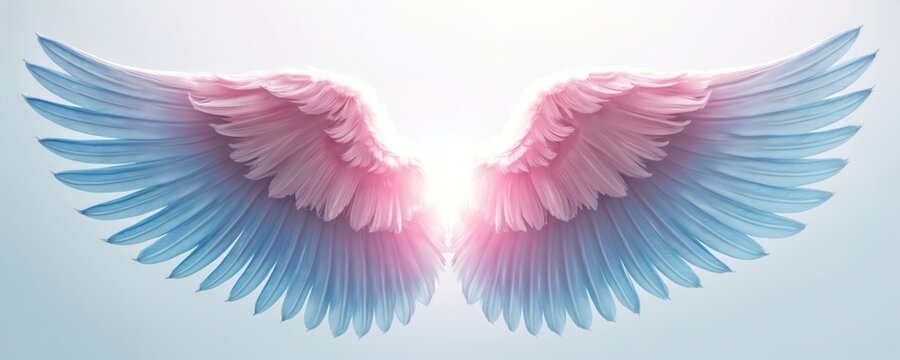Pair of soft angel wings in pastel pink and blue hues isolated on a light background. Feathery texture detailed close up view. Ethereal supernatural gentle spiritual angelic fantasy concept. - Powered by Adobe