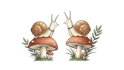 Two charming snails perched on spotted mushrooms in a whimsical forest scene