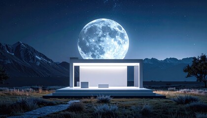 Pixelated Moon Over Modern Structure at Night with Mountains and Stars