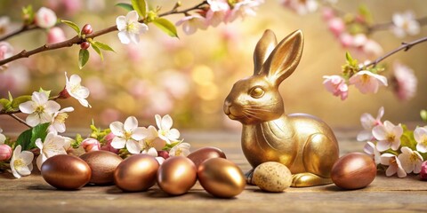 Golden rabbit figurine amidst blossoming branches and metallic Easter eggs on rustic wooden surface