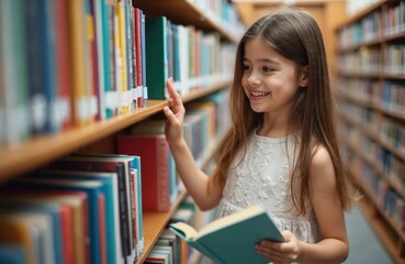 Young smiling girl selects book from library shelf holding open literature. Child learns reading and explores knowledge for education and fun. She chooses stories for brain development.