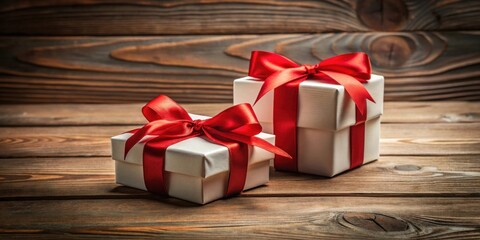 Two elegantly wrapped presents with vibrant red ribbons, sitting on a rustic wooden surface, exude a sense of anticipation and celebration.