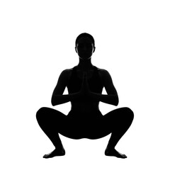 Silhouette of a person in a yoga pose with hands pressed together in prayer meditation prayer pose