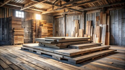 Sunlit Lumber Warehouse Stacks of Reclaimed Wood Planks and Boards Ready for Construction and Craftsmanship
