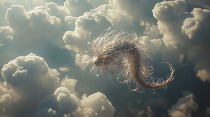 A dragon with white hair flying through a cloudy sky in a fantasy world setting