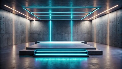 Elevated Platform with Neon Accents in a Modern Concrete Room