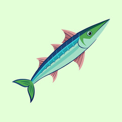 Obraz premium Cartoon illustration of a vibrant green and blue barracuda type fish