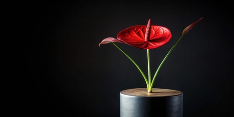 A single vibrant red flower, elegantly arranged in a minimalist dark gray cylindrical vase, against a stark black backdrop, creating a sophisticated and visually striking image.