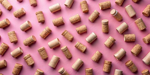 A Scattered Arrangement of Wine Corks on a Pink Background, Creating a Repeating Pattern of Natural Textures and Colors
