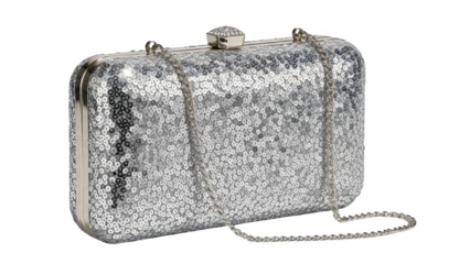 Silver sequin clutch bag with chain and jeweled clasp handbag purse