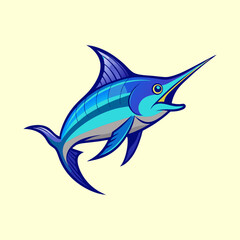 Obraz premium Cartoon Blue Marlin with Striking Colors on a Pale Yellow Background
