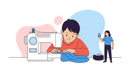 A young person diligently operates a sewing machine, crafting fabric, as a friend records the process