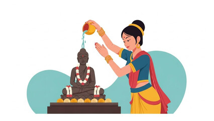 A woman in traditional attire pours water over a buddha statue during a sacred ritual