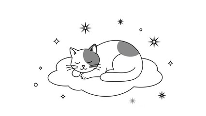 Adorable cat napping soundly on a soft cloud, surrounded by sparkling stars