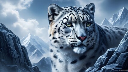 Obraz premium Majestic snow leopard staring intensely in a dramatic, snowy, high-altitude mountain landscape