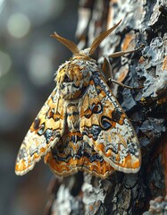 Ornate moth rests on rough bark, wings spread, displaying yellow, black, and orange patterns